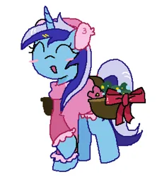 Size: 558x629 | Tagged: safe, artist:angelnet_ide, derpibooru import, minuette, unicorn, g4, blush lines, blushing, clothes, crossed hooves, earmuffs, eyes closed, flower, flower basket, happy, horn, image, ms paint, open mouth, open smile, pixel-crisp art, plants, png, ribbon, scarf, simple background, smiling, smol, sweater, white background