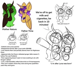 Size: 540x471 | Tagged: safe, artist:salty air, derpibooru import, princess celestia, princess luna, oc, oc:father time, oc:mother nature, alicorn, pony, g4, :3, angry, brown coat, bust, child abandonment, clock, crown of thorns, curved horn, dialogue, ethereal mane, facial hair, green eyes, green mane, horn, image, implied grogar, implied mane six, implied milk, implied nightmare moon, implied reddit, implied smoking, jpeg, luna is not amused, moustache, paw hoof, purple eyes, purple mane, signature, sketch, sketch dump, sunglasses, swag, swearing, text, unamused, vulgar, wings, yellow coat