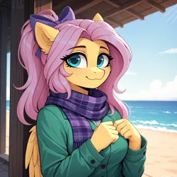 Size: 4704x4704 | Tagged: safe, ai content, ai generated, derpibooru import, generator:yiffymix v64, prompter:thedaren666, stable diffusion, fluttershy, anthro, pegasus, g4, :3, ai composition, beach, bow, breasts, closed mouth, clothes, coat, ear fluff, eyebrows, female, fist, fluffy, folded wings, hair bow, image, jpeg, looking at you, looking sideways, ocean, outdoors, plaid, raised hand, sand, scarf, shirt, signature, sky, solo, standing, water, wings
