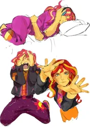 Size: 2480x3508 | Tagged: safe, artist:_tapeanna, derpibooru import, sunset shimmer, human, equestria girls, g4, barefoot, clothes, cutie mark, cutie mark on clothes, cyan eyes, feet, female, hands on head, headphones, image, jacket, jpeg, leather, leather jacket, long hair, music festival outfit, pajamas, pillow, reaching, simple background, solo, two toned hair, white background