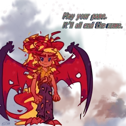 Size: 2000x2000 | Tagged: safe, artist:wild180, derpibooru import, sunset shimmer, demon, human, art pack:mypastisnottoday2025, g4, alternate universe, black sclera, clothes, cyan eyes, demon wings, humanized, image, looking at you, png, red skin, simple background, sunset satan, text, torn clothes, transparent background, two toned hair, wings