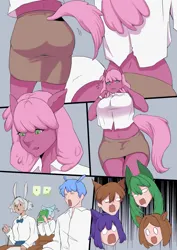 Size: 1613x2284 | Tagged: safe, artist:kendraart, derpibooru import, part of a set, cheerilee, anthro, earth pony, human, rabbit, g4, animal, big breasts, breasts, busty cheerilee, classroom, clothes, comic, female, furry, human to anthro, image, implied transformation, indoors, kemonomimi, male, open mouth, png, shirt, shocked, skirt, surprised, watching, wavy mouth