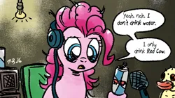 Size: 1200x675 | Tagged: safe, artist:pony-berserker, derpibooru import, part of a set, pinkie pie, bird, duck, g4, asmongold, drink, energy drink, headphones, image, lightbulb, parody, plushie, png, pony-berserker's twitter sketches, pony-berserker's twitter sketches (2026), red bull, streamer