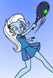 Size: 848x1240 | Tagged: safe, artist:crystalinecodexr, derpibooru import, trixie, equestria girls, g4, gradient background, grin, image, no pupils, png, smiling, solo, sports, tennis