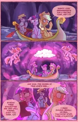 Size: 1584x2480 | Tagged: safe, artist:pixelpub, derpibooru import, applejack, twilight sparkle, twilight sparkle (alicorn), oc, alicorn, earth pony, pony, g4, boat, book, comic, cupid, dialogue, embarrassed, female, floppy ears, grin, halo, hoof hold, image, lesbian, male, mare, missing cutie mark, musical instrument, nervous, nervous grin, png, saxophone, ship:twijack, shipping, sitting, smiling, speech bubble, stallion, trio, tunnel of love