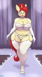 Size: 3656x6648 | Tagged: suggestive, artist:an-tonio, derpibooru import, oc, oc:golden brooch, unofficial characters only, anthro, unicorn, big breasts, bra, breasts, busty golden brooch, chubby, cleavage, clothes, evening gloves, female, garter belt, glasses, gloves, high heels, horn, image, legwear, lingerie, lipstick, long gloves, looking at you, milf, modeling, panties, png, shoes, smiling, smiling at you, socks, stockings, thigh highs, underwear, unicorn oc, walking, white bra, white panties, white stockings, white underwear