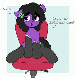 Size: 3016x3112 | Tagged: safe, artist:pencilfriend, derpibooru import, oc, oc:doomy gloom, unofficial characters only, earth pony, pony, blue background, chair, clothes, clover, colored, deltarune, dialogue, flat colors, gray hair, gray socks, hairpin, image, jpeg, legwear, looking away, messy mane, neet, purple coat, purple eyes, simple background, sitting, socks, solo, thigh highs