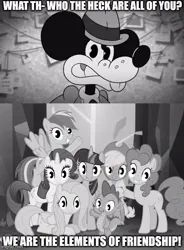 Size: 500x680 | Tagged: safe, derpibooru import, applejack, fluttershy, pinkie pie, rainbow dash, rarity, spike, twilight sparkle, twilight sparkle (alicorn), alicorn, g4, black and white, crossover, grayscale, image, jack pepper, jpeg, mane six, meme, monochrome, mouse: p.i. for hire, pie eyes