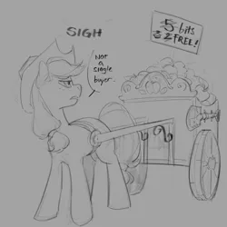 Size: 2000x2000 | Tagged: safe, artist:egil, derpibooru import, applejack, earth pony, pony, g4, apple, cart, dialogue, female, food, gray background, grayscale, image, lidded eyes, looking back, mare, monochrome, png, sign, simple background, sketch, solo