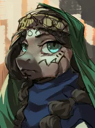 Size: 1560x2100 | Tagged: safe, artist:egil, derpibooru import, oc, oc:umalez ataghan, unofficial characters only, pony, zebra, equestria at war mod, braid, braided pigtails, bust, crown, ear piercing, earring, female, headdress, image, jewelry, jpeg, looking at you, makeup, mare, necklace, piercing, pigtails, portrait, redraw, regalia, remake, royalty