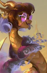 Size: 2000x3090 | Tagged: safe, artist:jewellier, derpibooru import, oc, oc:medea violet ring, unofficial characters only, original species, pony, ear piercing, earring, female, gears, glasses, high res, horn, hybrid oc, image, jewelry, mare, multiple horns, piercing, png, smoke, solo, sparkles, steampunk