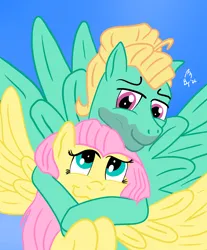 Size: 1640x1978 | Tagged: safe, artist:bridle timeout, derpibooru import, fluttershy, zephyr breeze, pegasus, pony, g4, brother, brother and sister, female, hug, hug from behind, image, male, png, sibling love, siblings, simple background, sister