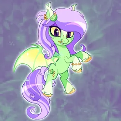 Size: 2048x2048 | Tagged: safe, artist:aspkikk, derpibooru import, cinnabar, golden hooves, quicksilver, oc, unofficial characters only, bat, fruit bat, g4, abstract background, colored hooves, colored sclera, cutie mark, digital art, freckles, green pony, hooves, image, looking at you, piercing, pixelated, png, purple eyes, purple mane, rearing, smiling, smiling at you, solo, unshorn fetlocks, yellow sclera