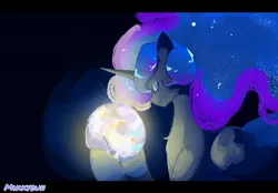 Size: 2048x1427 | Tagged: safe, artist:mikkybun, derpibooru import, princess luna, alicorn, pony, g4, eyes closed, female, full moon, hoof hold, image, jpeg, looking at something, mare, moon, smiling, solo, tangible heavenly object