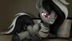 Size: 1920x1080 | Tagged: suggestive, artist:jademedge, derpibooru import, oc, oc:jade nocturne, unofficial characters only, bat pony, pony, 3d, 3d model, bat pony oc, bat wings, bed, black hair, butt, fangs, gray fur, hooves, image, looking at you, plot, png, red eyes, solo, source filmmaker, the ass was fat, wings