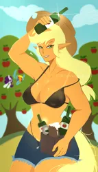 Size: 1107x1941 | Tagged: suggestive, artist:jazminuwo, derpibooru import, applejack, rainbow dash, rarity, human, g4, apple, apple tree, bottle, bra, breasts, busty applejack, cider, clothes, daisy dukes, elf ears, female, female focus, females only, food, grin, humanized, image, looking at you, mug, outdoors, panties, png, pony coloring, pubic hair, pubic hair slip, shorts, smiling, smiling at you, solo focus, tan lines, tree, trio, trio female, underwear
