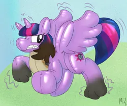 Size: 2096x1758 | Tagged: safe, artist:pickanmixes, derpibooru import, twilight sparkle, twilight sparkle (alicorn), alicorn, hyena, inflatable pony, pony, pooltoy pony, g4, furry, furry to pony, image, inanimate tf, inflatable, outdoors, png, solo, transformation