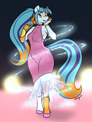Size: 1200x1600 | Tagged: safe, artist:halcy0n, derpibooru import, sonata dusk, oc, oc:cold front, anthro, earth pony, unguligrade anthro, g4, character to character, clothes, dress, female, image, magic, png, smiling, transformation