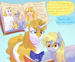 Size: 1700x1400 | Tagged: safe, artist:abbytabbys, derpibooru import, bulk biceps, derpy hooves, prince blueblood, oc, oc:sunshine glitter, pegasus, pony, unicorn, series:a dawning light, g4, alternate universe, book, bowtie, derp, dialogue, eye clipping through hair, eyebrows, eyebrows visible through hair, female, horn, image, male, mare, png, ship:derpblood, ship:derpybulk, shipping, smiling, speech bubble, stallion, straight