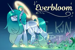 Size: 3000x2000 | Tagged: safe, artist:lrusu, derpibooru import, oc, oc:everbloom, unofficial characters only, pony, unicorn, adoptable, back freckles, eyebrows, eyebrows visible through hair, female, flower, flower in hair, freckles, halo, horn, image, jpeg, mare, smiling, solo, unshorn fetlocks, watermark