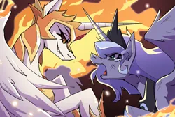 Size: 2346x1575 | Tagged: safe, artist:lornix_art, derpibooru import, daybreaker, princess luna, alicorn, pony, g4, confrontation, crossed horns, duo, duo female, female, grin, horn, horns are touching, image, looking at each other, looking at someone, mare, open mouth, png, s1 luna, smiling, smirk, teary eyes, yelling