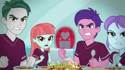 Size: 1362x768 | Tagged: safe, ai generated, generator:gemini, crystal lullaby, marco dafoy, melon mint, peacock plume, human, equestria girls, equestria girls series, angry, background human, chips, clenched fist, crystal prep academy students, duo, female, food, image, intense stare, looking at you, low effort, low quality, male, nachos, png, sports outfit, table