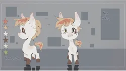 Size: 2108x1189 | Tagged: safe, artist:north wind, derpibooru import, oc, unofficial characters only, earth pony, pony, 2023, abstract background, blushing, character design, female, filly, foal, full body, gray background, image, jpeg, orange mane, ref, reference sheet, simple background, smiling, standing