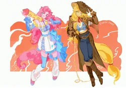 Size: 3763x2632 | Tagged: safe, artist:ran_chiiipye, derpibooru import, applejack, pinkie pie, human, g4, abstract background, applejack's hat, breasts, cleavage, clothes, cowboy hat, duo, eared humanization, female, fireworks, hat, humanized, image, jpeg, lasso, leg warmers, legwear, looking at you, midriff, one eye closed, pony coloring, rope, skirt, smiling, smiling at you, tail, tailed humanization, tongue out
