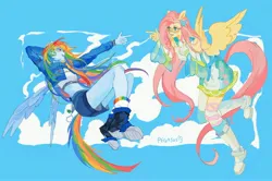 Size: 4046x2693 | Tagged: safe, artist:ran_chiiipye, derpibooru import, fluttershy, rainbow dash, human, g4, clothes, duo, eared humanization, finger gun, humanized, image, jacket, jpeg, looking at each other, looking at someone, midriff, open mouth, open smile, outdoors, pony coloring, shorts, smiling, smiling at each other, visor, winged humanization, wings