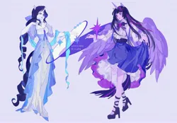 Size: 4096x2847 | Tagged: safe, artist:ran_chiiipye, derpibooru import, rarity, twilight sparkle, human, g4, breasts, cleavage, clothes, curtsey, dress, duo, eared humanization, female, high heels, horn, horned humanization, humanized, image, jewelry, jpeg, necklace, pony coloring, shoes, simple background, skirt, smiling, tail, tailed humanization, winged humanization, wings