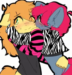 Size: 2000x2099 | Tagged: safe, artist:elmilagro2006, derpibooru import, apple split, braeburn, earth pony, semi-anthro, g4, apple family member, arm hooves, blushing, cheek squish, clothes, duo, eye clipping through hair, eyebrows, eyebrows visible through hair, hug, image, jacket, jpeg, male, simple background, squishy cheeks, tamers12345, white background