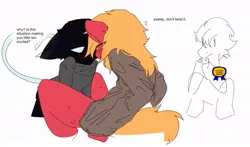 Size: 973x574 | Tagged: suggestive, artist:elmilagro2006, derpibooru import, big mcintosh, soarin', oc, oc:clean sweep, earth pony, pegasus, semi-anthro, g4, clothes, cuckold, cuckolding, eye clipping through hair, gay, image, jpeg, male, shirt, simple background, sweat, tamers12345, trio, white background