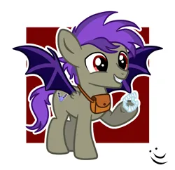 Size: 1300x1257 | Tagged: safe, artist:aislingmoro, derpibooru import, oc, oc:grayson, unofficial characters only, hybrid, pony, g4, bag, belt, colt, fangs, foal, grin, half bat pony, half pony, hooves, hybrid oc, image, male, my little pony, outline, png, smiling, solo, toy, white outline