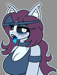 Size: 2093x2758 | Tagged: oc name needed, safe, artist:askhypnoswirl, derpibooru import, oc, unofficial characters only, anthro, bat pony, ghost, ghost pony, undead, bat pony oc, blue tongue, breasts, cleavage, collar, dark sclera, eyelashes, eyeshadow, female, gray background, image, lipstick, looking at you, makeup, open mouth, png, simple background, solo, tongue out