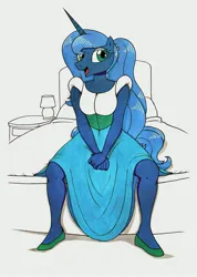 Size: 2491x3500 | Tagged: safe, artist:killerteddybear94, derpibooru import, princess luna, anthro, g4, bed, clothes, cute, dress, image, jpeg, looking at you, lunabetes, open mouth, ponytail, pun, s1 luna, sitting, smiling, spread legs, spreading, thumbelina (1994), traditional art, visual pun