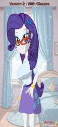 Size: 1428x3096 | Tagged: suggestive, ai assisted, ai content, artist:zeriousernand77, derpibooru import, rarity, human, hybrid, equestria girls, g4, bed, bedroom, belt, blanket, boots, bracelet, breasts, busty rarity, clothes, curtains, cutie mark, diamond, female, glasses, glasses rarity, hair accessory, image, indoors, jewelry, looking at you, pillow, png, rug, shirt, shoes, skirt, smiling, solo, window, wrong aspect ratio