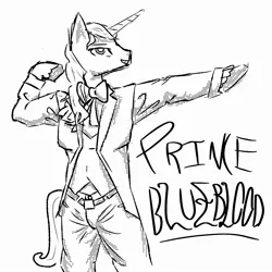 Size: 2000x2000 | Tagged: safe, derpibooru import, prince blueblood, anthro, unicorn, g4, blazer, bowtie, clothes, crotch bulge, flexing, hooves, horn, image, jpeg, male, monochrome, pants, sketch, solo, tail, unshorn fetlocks, vest