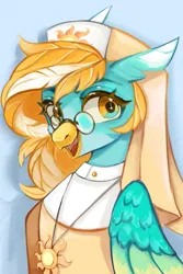 Size: 3284x4909 | Tagged: safe, artist:serenitysky, derpibooru import, oc, oc:sunlit tides, classical hippogriff, hippogriff, beak, birthday gift art, blue coat, clothes, gift art, glasses, golden eyes, golden mane, headscarf, hippogriff oc, image, implied princess celestia, jewelry, looking at you, necklace, nostrils, nun, nun outfit, open beak, open mouth, orange mane, png, princess celestia's cutie mark, religious, scarf, smiling, smiling at you, solar empire, sun