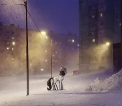 Size: 915x793 | Tagged: safe, artist:detr222, derpibooru import, earth pony, pony, chest fluff, city, depressed, evening, hat, image, jpeg, post ussr, real life background, snow, snowfall, solo, walking, winter