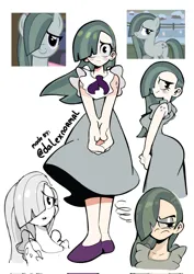 Size: 1448x2048 | Tagged: safe, artist:dnormal11, derpibooru import, marble pie, earth pony, human, pony, g4, hearthbreakers, alternate cutie mark placement, annoyed, clothes, cute, cutie mark, cutie mark on human, cutie mark tattoo, dress, eyeshadow, female, flats, hair over one eye, human coloration, humanized, image, jpeg, makeup, marblebetes, mare, my little pony, screencap reference, shoes, simple background, solo, tattoo, white background