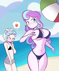 Size: 1714x2048 | Tagged: suggestive, artist:trash art, derpibooru import, cozy glow, princess flurry heart, human, equestria girls, g4, alternate hairstyle, beach, beach ball, belly, belly button, bikini, bikini bottom, bikini top, blushing, breasts, busty princess flurry heart, cameltoe, clothes, cozyheart, duo, duo female, equestria girls-ified, eyes on the prize, female, food, image, jpeg, lesbian, ocean, older, older cozy glow, older flurry heart, peach, sand, shipping, shorts, swimsuit, water