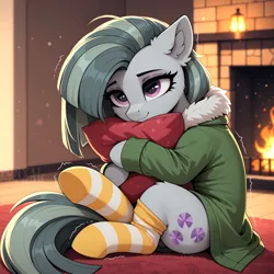 Size: 4704x4704 | Tagged: safe, ai content, ai generated, derpibooru import, generator:yiffymix v64, prompter:thedaren666, stable diffusion, marble pie, earth pony, pony, g4, ai composition, carpet, clothes, coat, ear fluff, eyebrows, eyeshadow, female, fireplace, floppy ears, fluffy, fur trim, hug, image, indoors, jpeg, lamp, makeup, mare, motion lines, pillow, pillow hug, raised leg, signature, sitting, smiling, socks, solo, striped socks, trembling