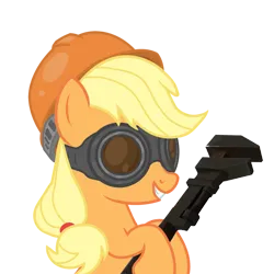 Size: 1100x1100 | Tagged: safe, derpibooru import, applejack, earth pony, pony, g4, derpibooru exclusive, engineer (tf2), goggles, helmet, image, png, simple background, smiling, solo, team fortress 2, transparent background, upper body, wrench