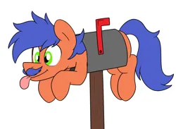 Size: 1300x950 | Tagged: safe, artist:unitxxvii, derpibooru import, oc, oc:griffin, unofficial characters only, earth pony, pegasus, pony, commission, facial hair, female, filly, foal, frown, image, mailbox, moustache, pegasus oc, png, simple background, solo, stuck, text, white background, your character here
