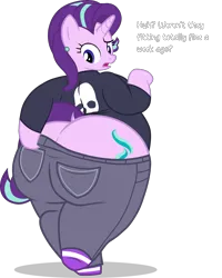 Size: 4020x5034 | Tagged: suggestive, alternate version, artist:duskyzombie, derpibooru import, part of a set, starlight glimmer, anthro, g4, breasts, butt, chubby, clothes, confused, denim, dialogue, ear piercing, embarrassed, fat, female, glimmer glutes, image, large butt, looking back, open mouth, pants, piercing, png, shirt, simple background, socks, solo, starlard glimmer, the ass was fat, the ass was too fat, transparent background