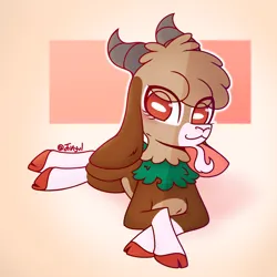 Size: 2000x2000 | Tagged: safe, artist:jhonnyul, derpibooru import, oc, oc:penny, unofficial characters only, goat, them's fightin' herds, abstract background, blushing, community related, crossed legs, eye clipping through hair, facial hair, goatee, gradient background, horns, image, looking at you, lying down, passepartout, png, prone, rectangular pupil, smiling, solo, them's fightin' herds oc, unshorn fetlocks, white pupils