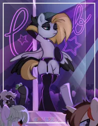 Size: 1992x2560 | Tagged: safe, derpibooru import, oc, oc:tlen borowski, unofficial characters only, pegasus, base used, bedroom eyes, black eyeshadow, clothes, club, colored wings, eyeshadow, garter belt, image, jpeg, latex, latex thigh highs, legwear, makeup, multicolored hair, multicolored wings, pole dancing, socks, stockings, stripper pole, thigh highs, wings