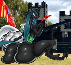 Size: 597x550 | Tagged: suggestive, artist:saltyrockwell, derpibooru import, queen chrysalis, oc, oc:emerald sunshine, g4, butt, butt grab, butt touch, flag, grope, image, png, rear view, sitting, stock background