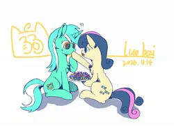 Size: 2160x1620 | Tagged: safe, artist:luobai, derpibooru import, bon bon, lyra heartstrings, earth pony, pony, unicorn, g4, candy, cute, female, food, horn, image, jpeg, lesbian, lyrabon, shipping, simple background, sweets, white background