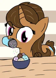 Size: 464x642 | Tagged: safe, artist:cocacola1012, derpibooru import, oc, oc:buttercup shake, food, ice cream, image, mouth hold, png, sprinkles